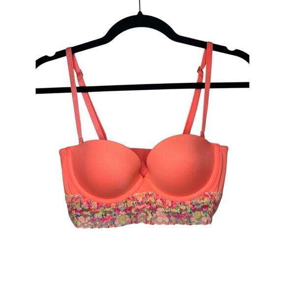 PINK Victoria’s Secret Women’s 34B Bustier Bra Neon Padded Strapless Lace - Picture 1 of 8